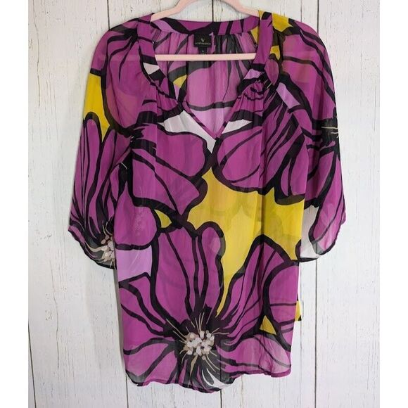 Worthington Tops - Worthington Size Large Pink Black‎ Floral Womens Split V Neck Blouse